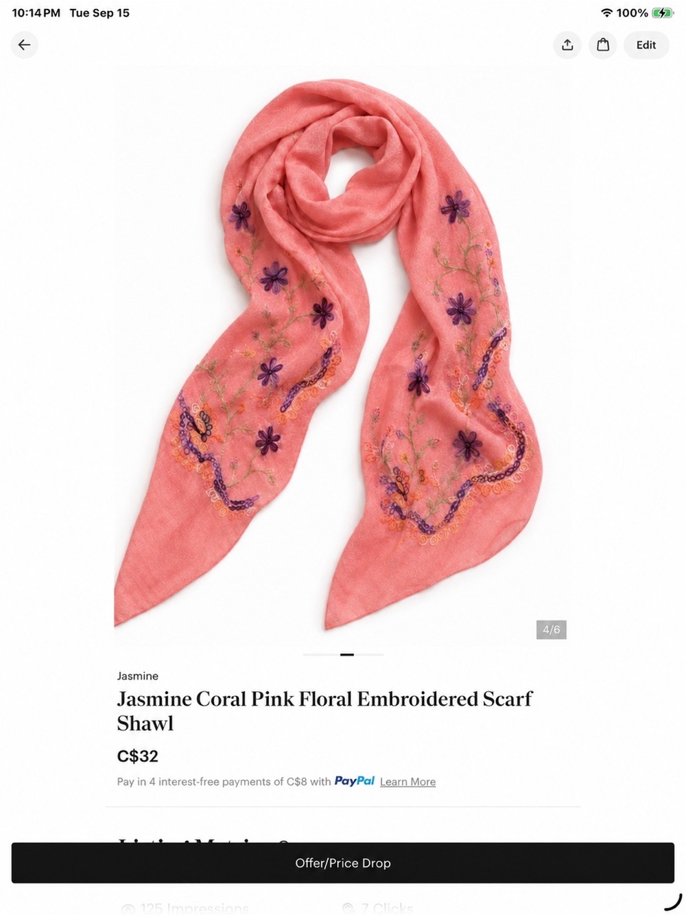 Jasmine Coral Pink Floral Embroidered Scarf Shawl